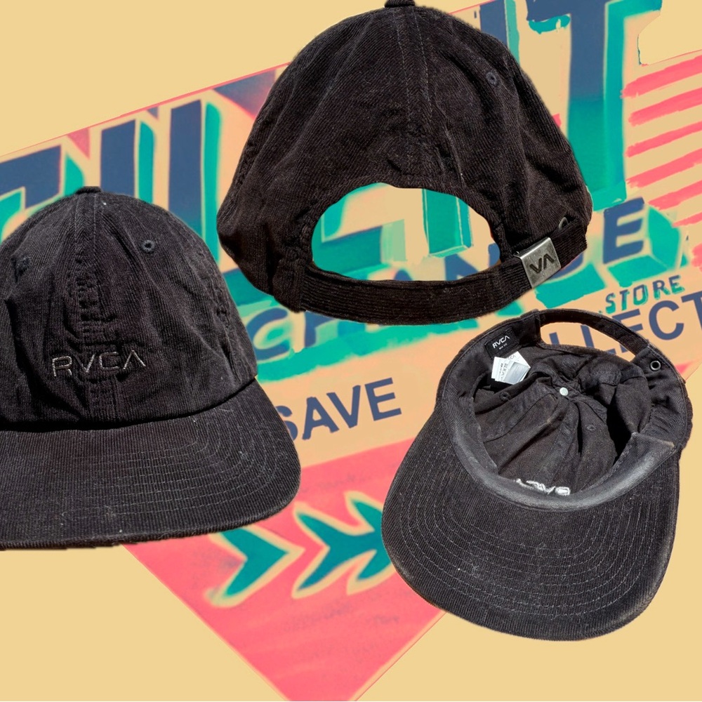 RVCA Hat Cap Adult Black Corduroy Adjustable Strap Spellout Skate Surf Y2K